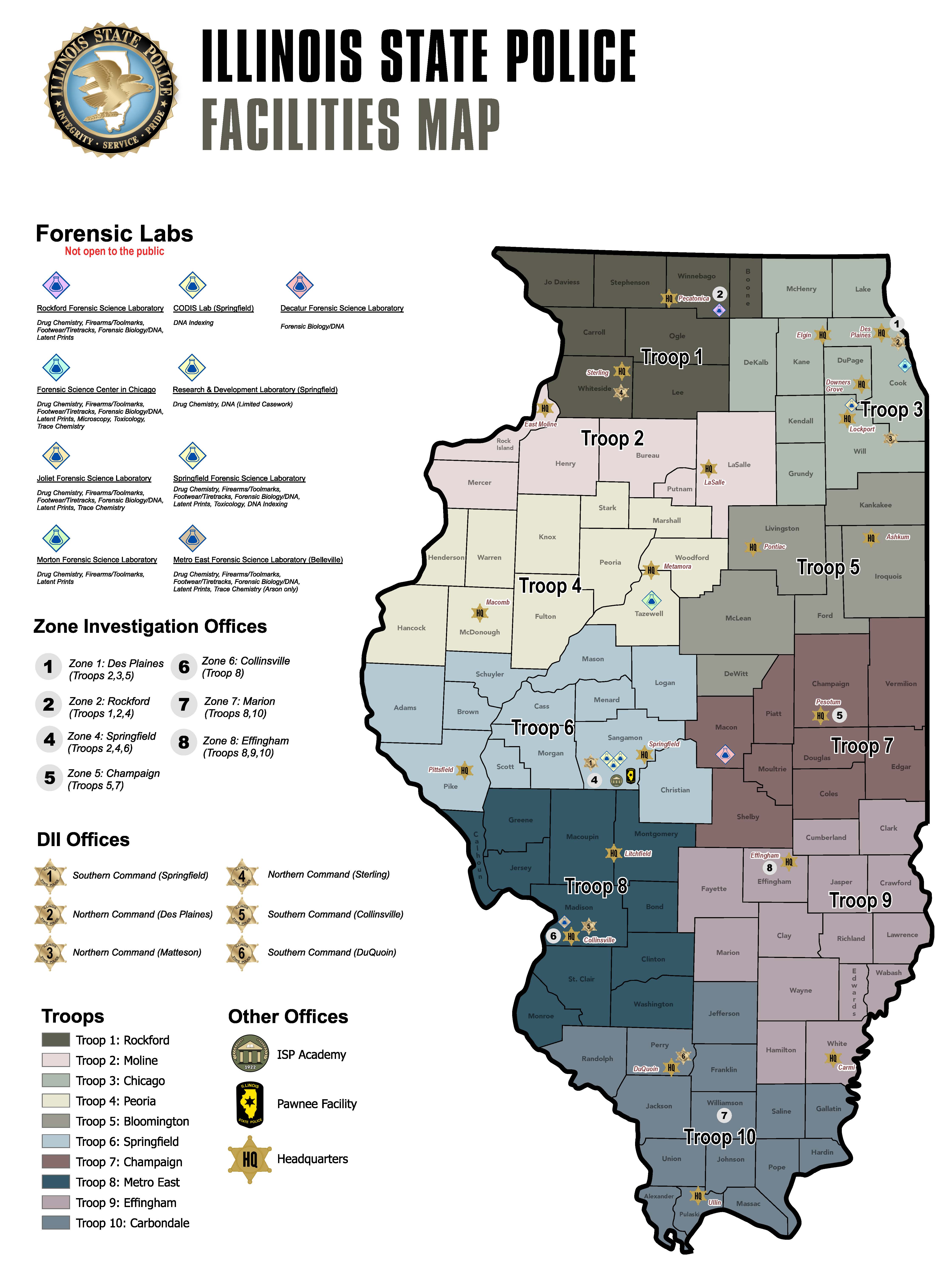 Map of Illinois showing Illinois State Police troop areas, headquarters, forensic labs, zone investigation offices, DII offices, the ISP Academy, and Pawnee Facility. The text version below lists the same information.